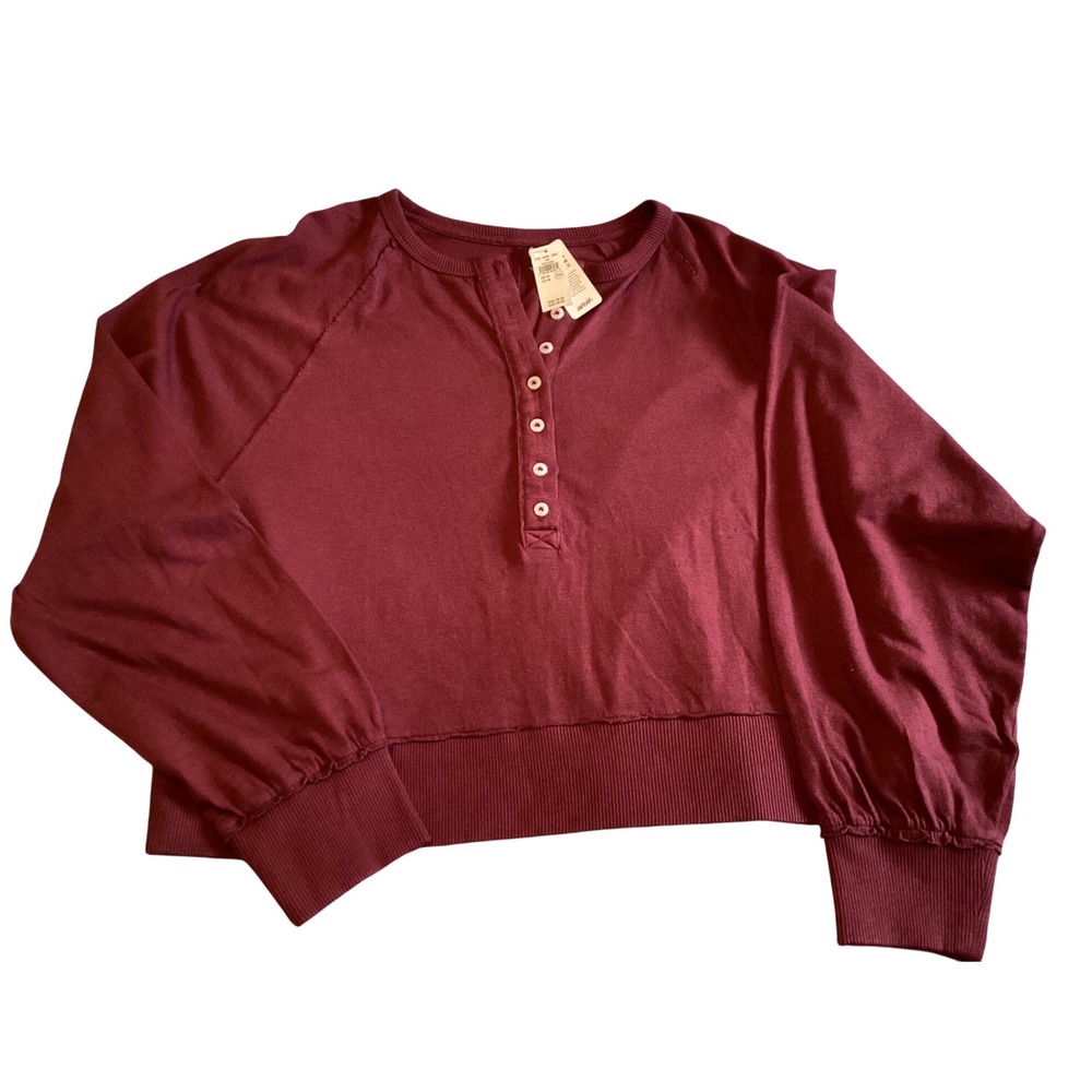 Aerie Womens Burgundy Henley Cropped Sweatshirt Long Sleeve Button Front Size M - Picture 3 of 4
